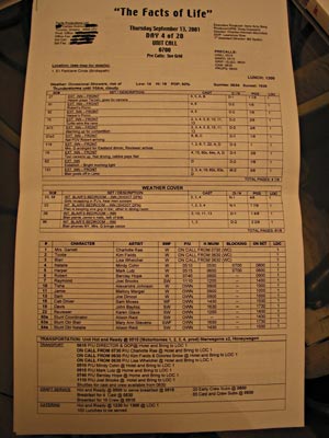 The Call Sheet for the show.